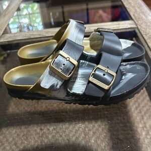 Birkenstock Black and Gold Sandals with Metallic Buckles